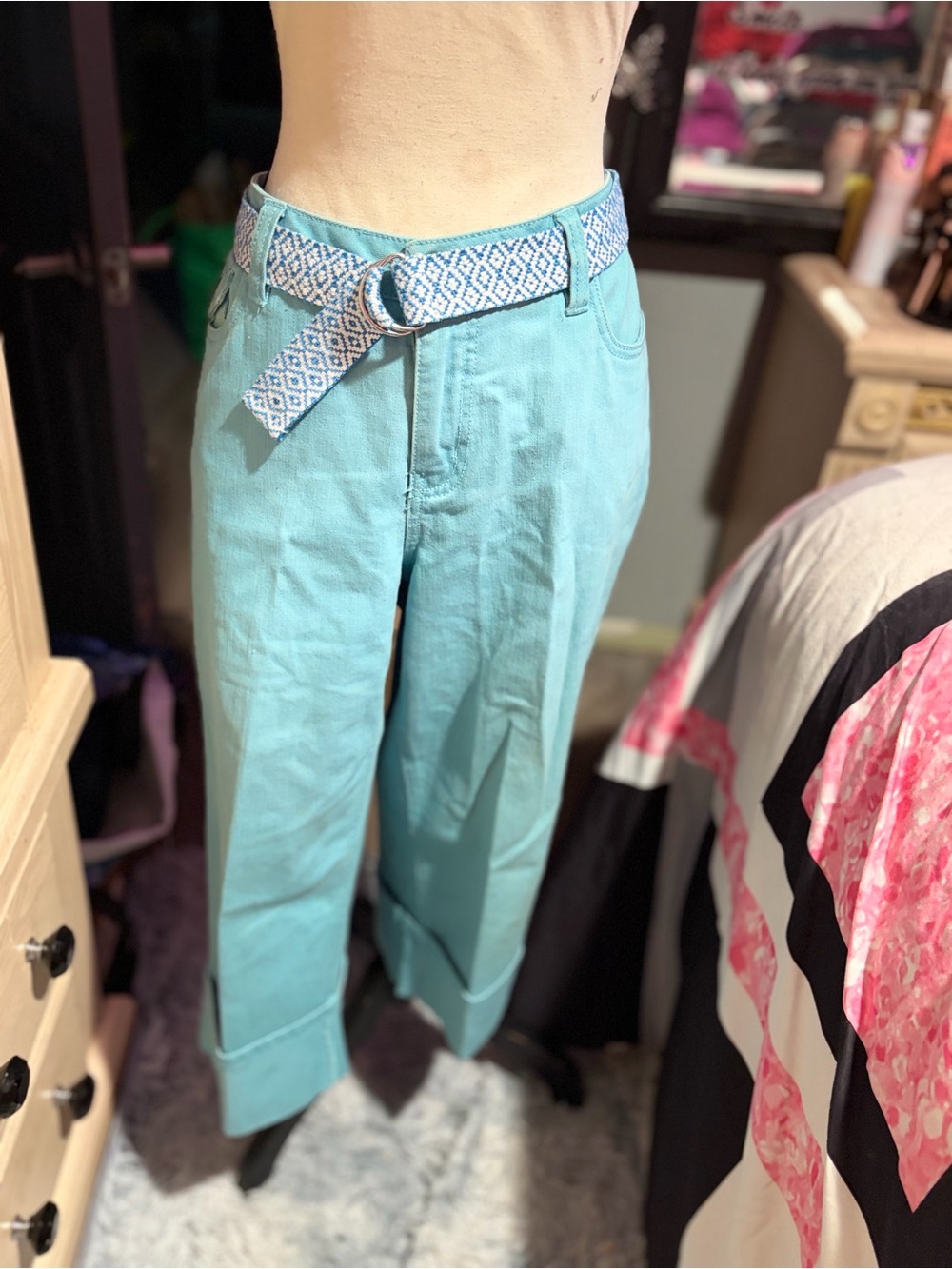NWOT L.A. Blues Women's Light Teal Capris with Patterned Belt-14